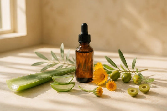 Frasco de cristal ámbar con aloe vera, hojas de olivo y caléndula sobre piedra crema