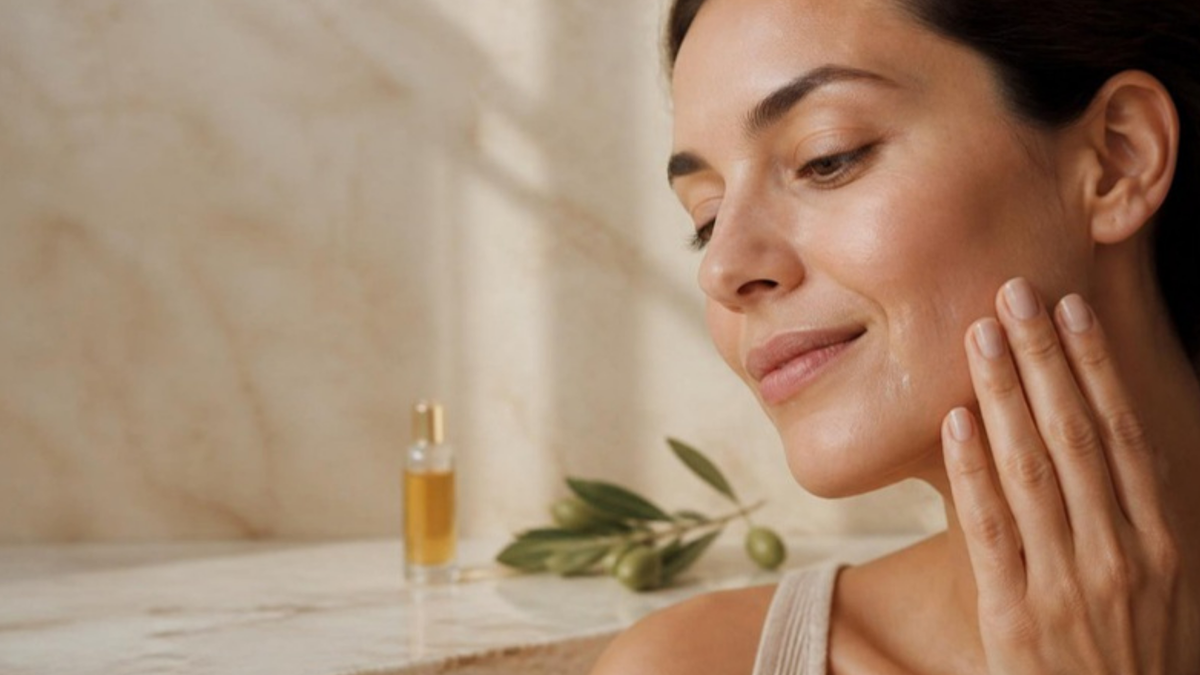 Mujer con expresion serena aplicandose serum facial con los dedos, rama de olivo junto al frasco - portada Mery You Stone
